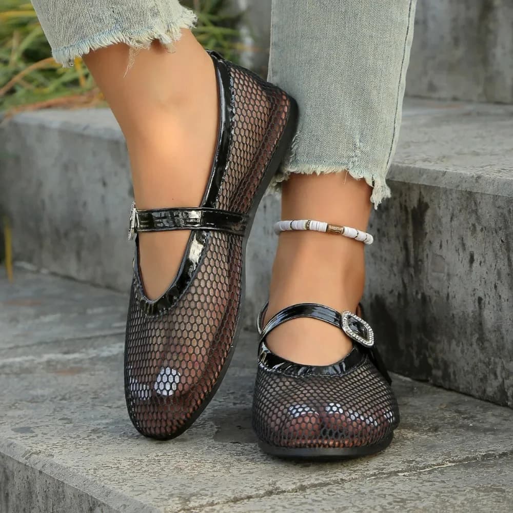 Scarpe da balletto con cinturino con fibbia a testa tonda Scarpe da rete da pesca singole Mary Jane con fondo morbido piatto cavo da donna