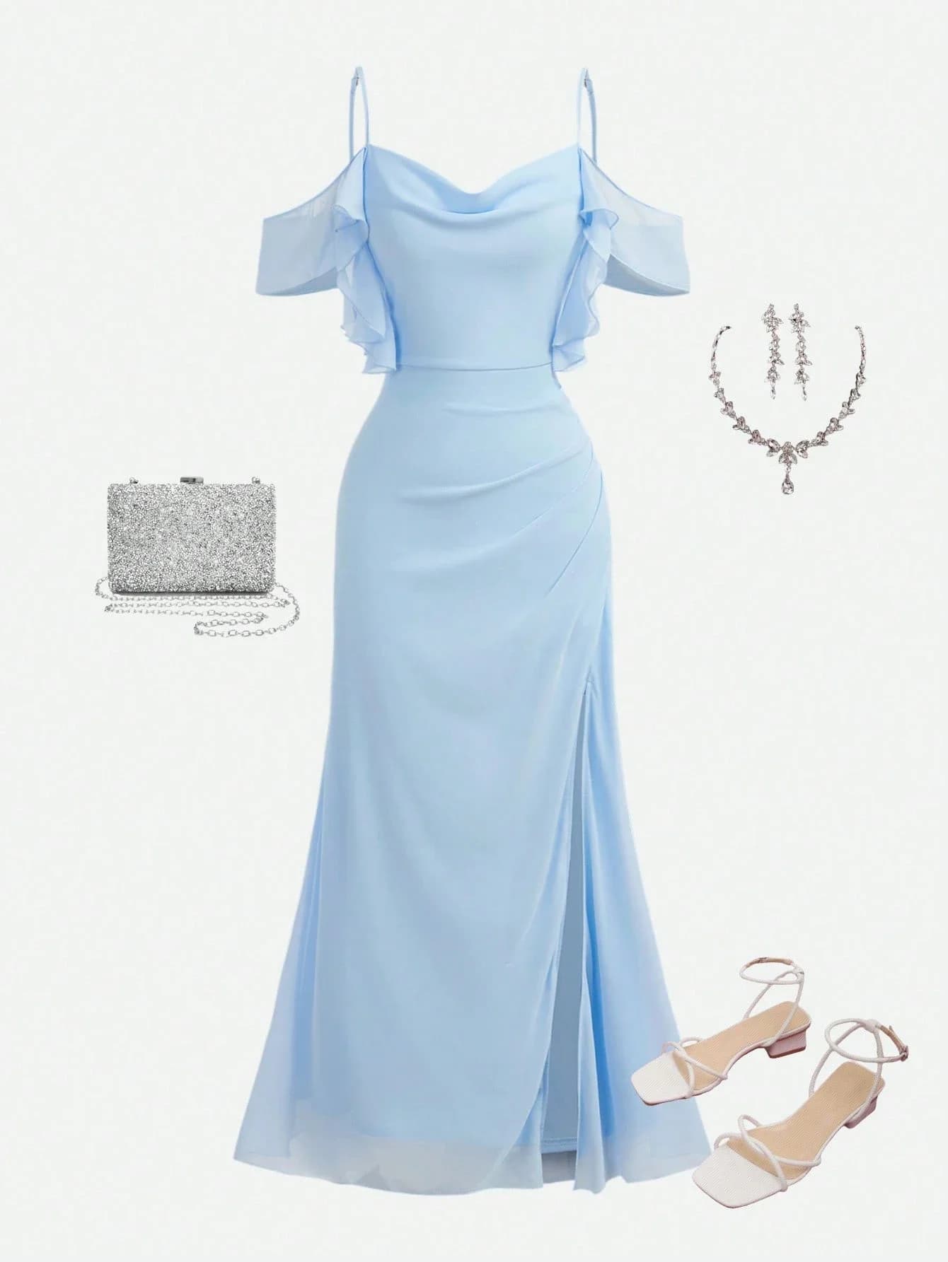 Light Blue Off Shoulder Floor Length Elegant Evening Dress With Ruffles And Side Slit