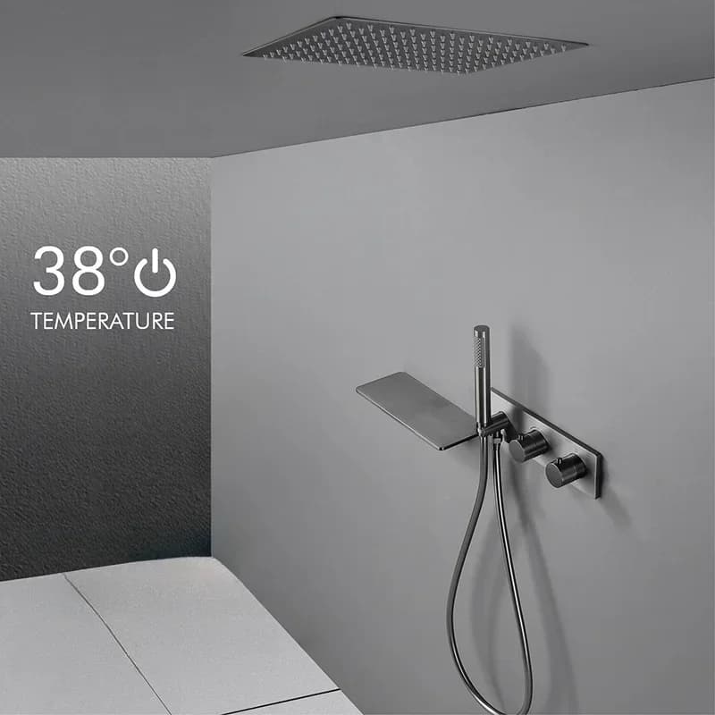 Set di rubinetti per doccia termostatico a scomparsa per bagno in ottone grigio spazzolato Doccia a cascata a soffitto Soffione doccia da 12 pollici Nero/Oro spazzolato