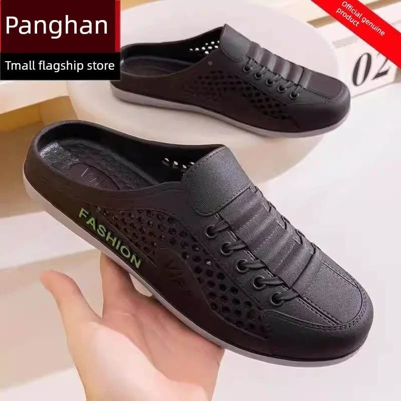 Men's Summer Breathable Mesh Slip-On Sandals Fashionable Half Slippers Anti-Slip Hollow out Design Lazy Man No-Back Slippers