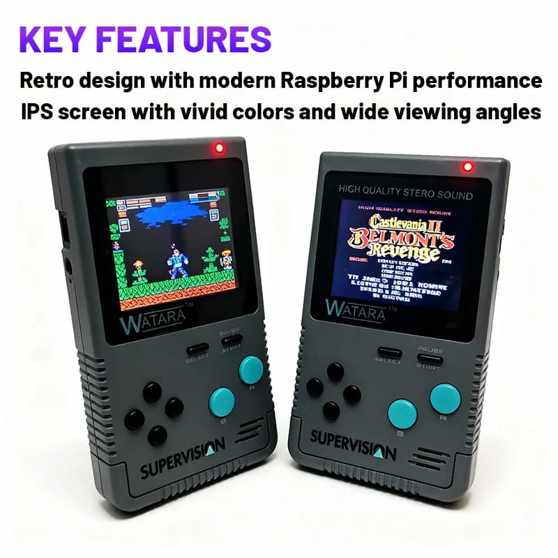 Watara Supervision Style Raspberry Pi game device with over 4000 games, IPS screen, long-lasting battery, custom case
