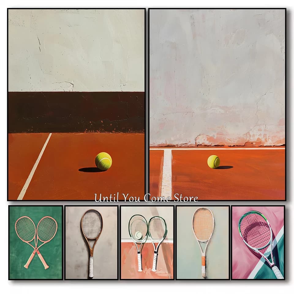 Retro Tennis and Tennis Racket Minimalist Poster Print Canvas Pictures Home for Living Room Bedroom Wall Modern Decor Frameless