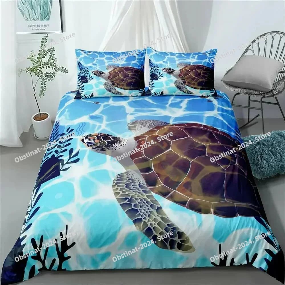 Copripiumino tartaruga marina Set biancheria da letto king size squalo, set letto animali oceanici, copripiumino in poliestere stampato tartaruga e corallo