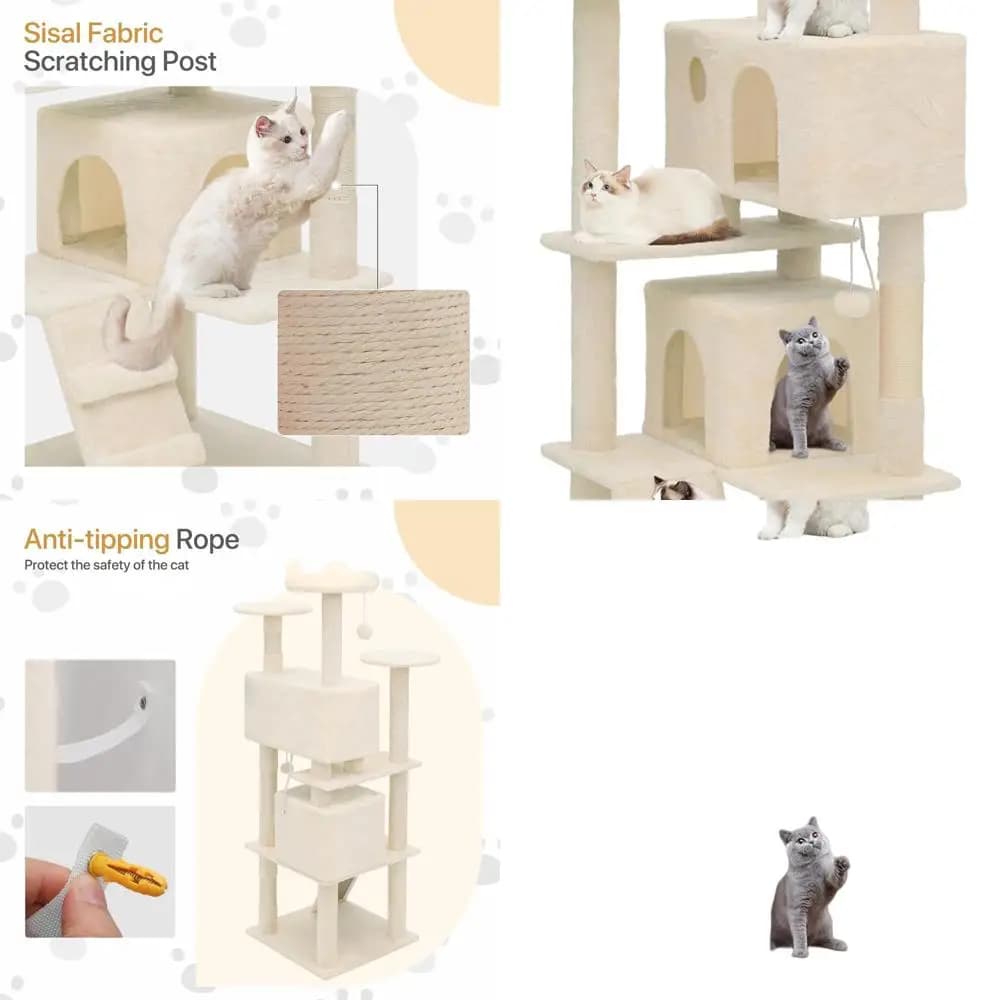 Albero per Gatti da Interno Beige 60 cm con 2 Casette, 3 Posizioni Rilassanti in Peluche e Tiragraffi in Sisal