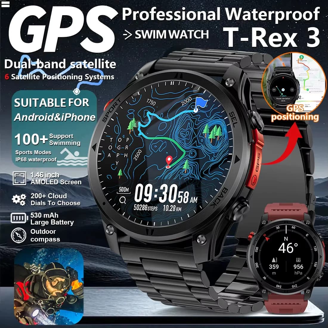 2026 New Outdoor Military Smart Watch Men 1.46" AMOLED Built-in GPS Compass Altimeter IP68 Waterproof Clock BT Call SmartWatches
