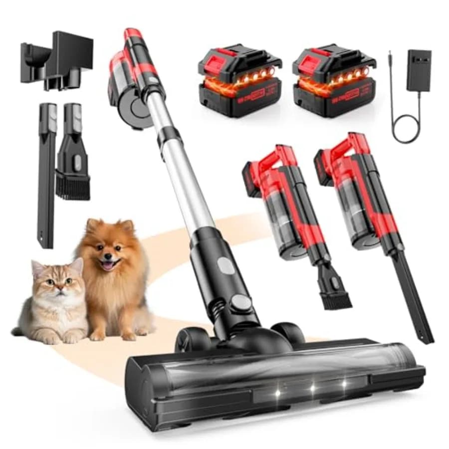 Aspirapolvere Senza Fili 60KPa per Casa, 700W, per Peli di Animali Domestici, 70 Minuti di Autonomia, Leggero, Ricaricabile, Doppia Batteria da 8000mAh, Contenitore da 2L