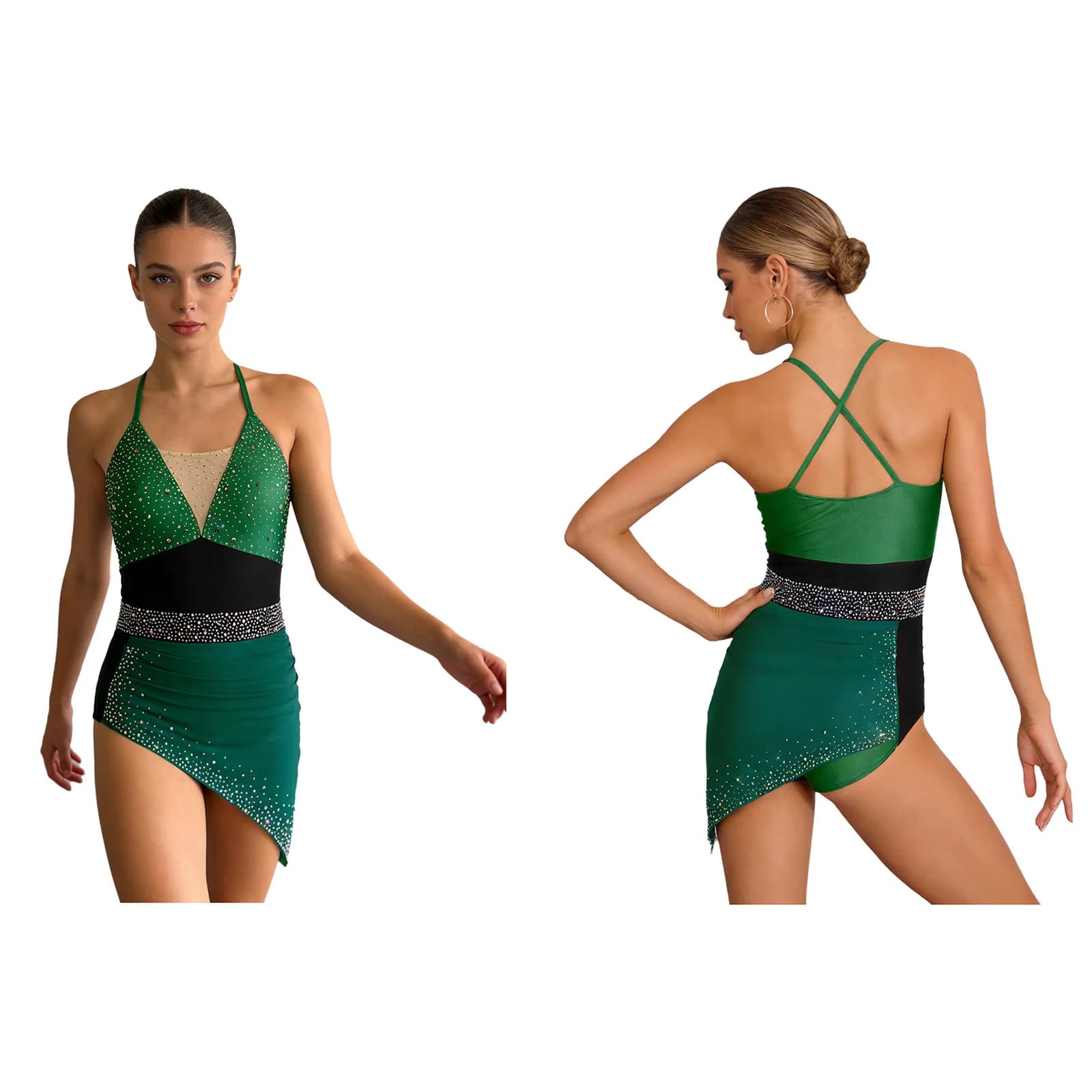 Body da Danza per Donne Adulte, per Pattinaggio Artistico, Danza Latina e da Sala, con Strass, Schiena Scoperta, per Ginnastica e Spettacoli di Danza Moderna