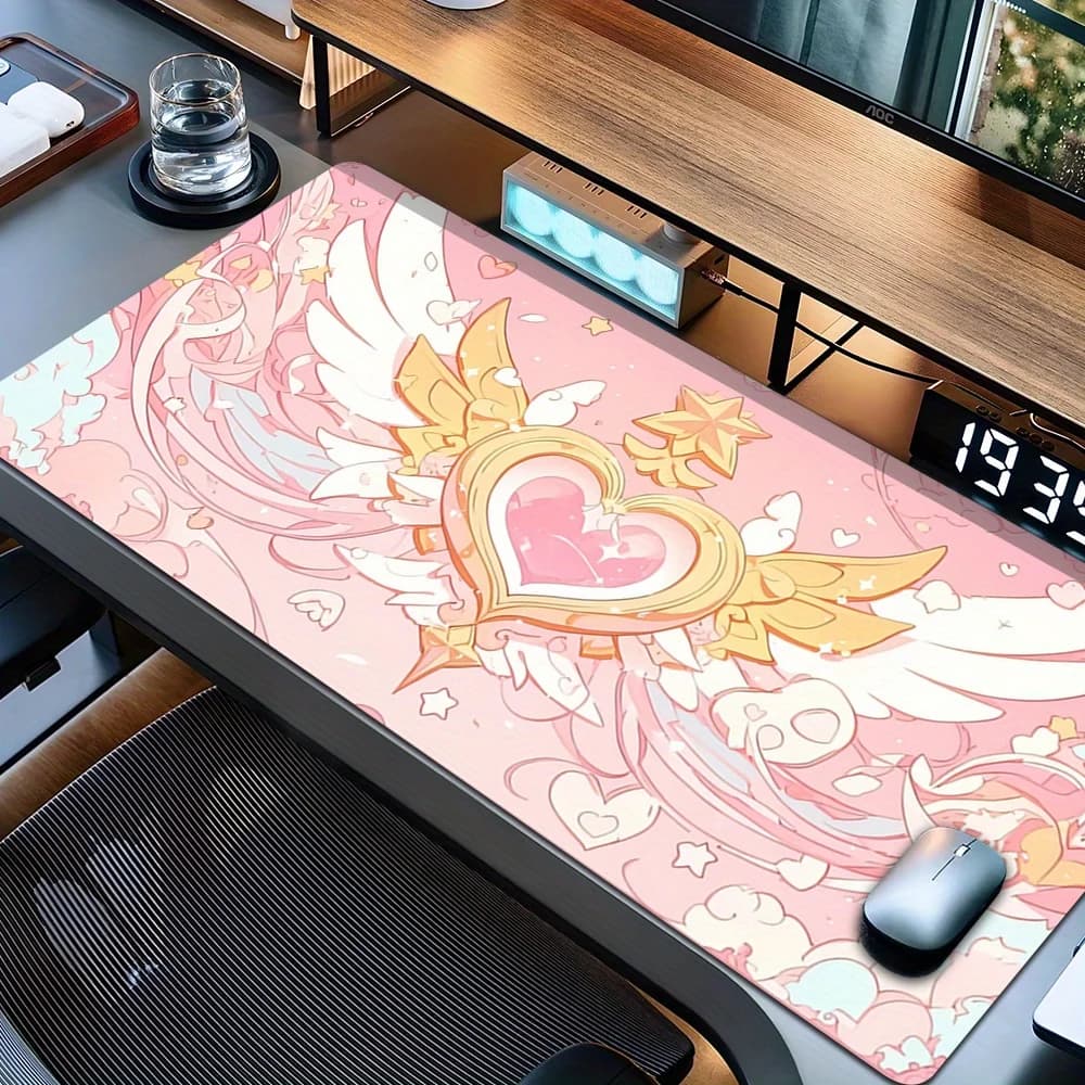 Gaming Mouse Pad, Large Desk Mat, Anti-slip, Stitched Edges, Pink Magic Heart Print, Keyboard Pad for Gaming & Home Desk Decor