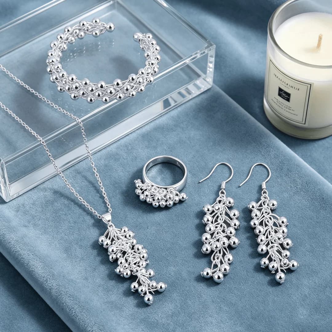 Set di Gioielli in Argento Sterling 925 con Charm, Perle Speciali, Orecchini, Bracciale, Anello e Collana per Donne, Regalo per Matrimoni e Feste