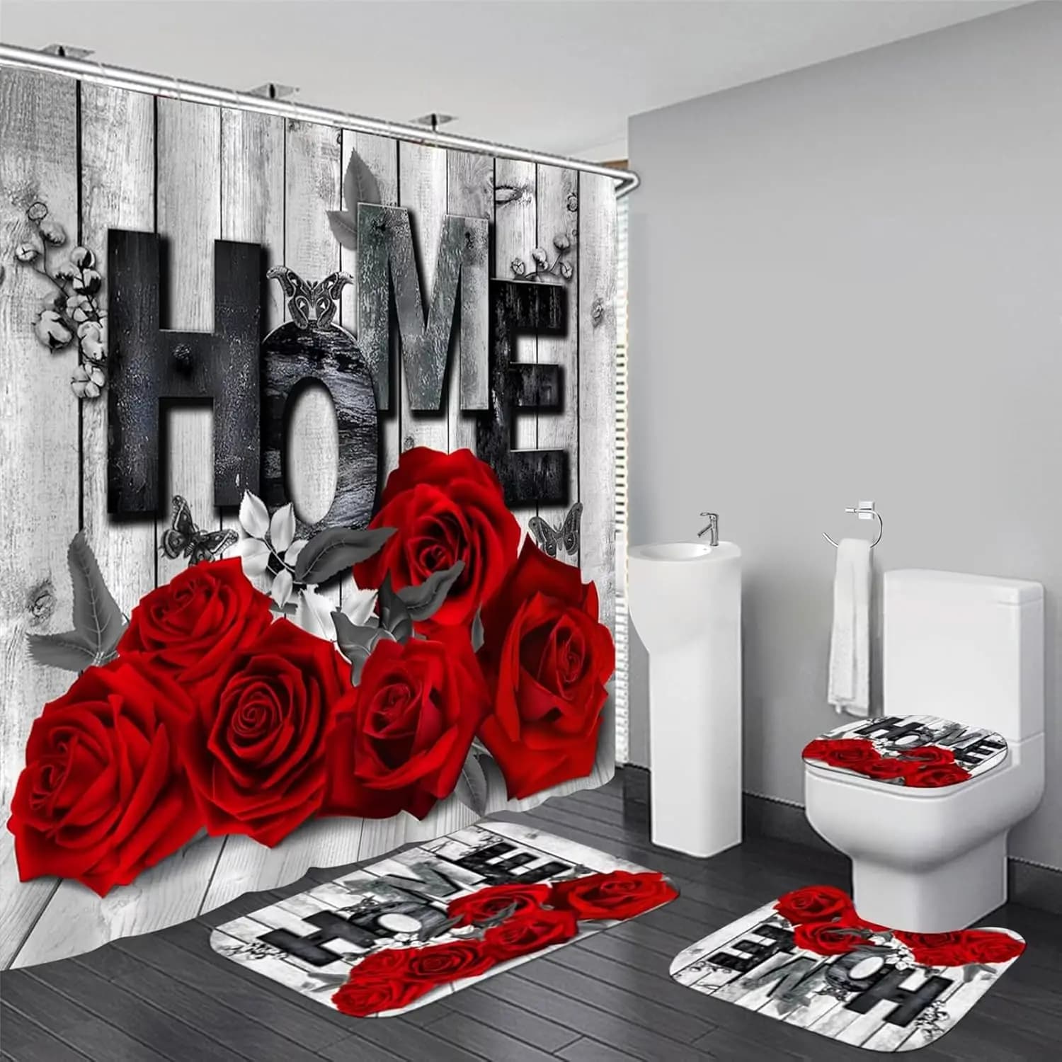 Set Valentine's Day Red: Shower Tent 4 Pieces, Non-slip Mats, Toilet Covers, U Mat with Hooks