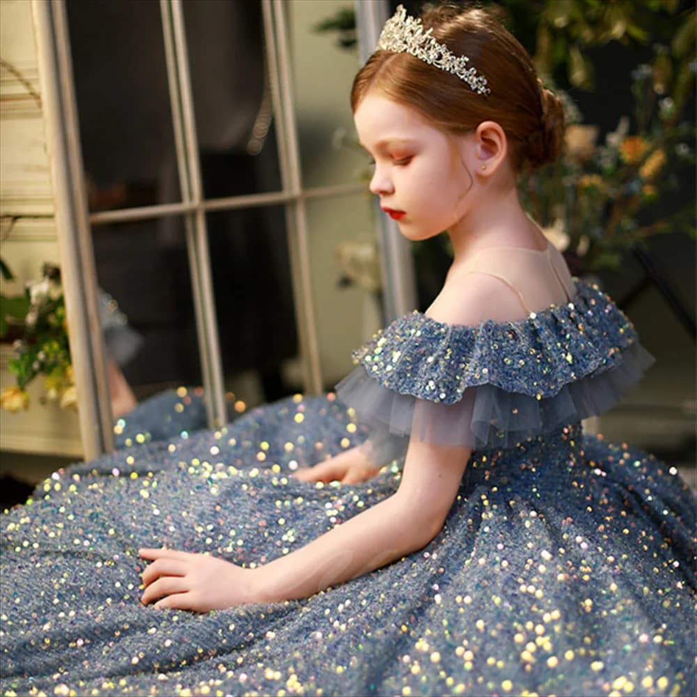 Abito da ragazza di fiore elegante personalizzato per matrimonio Abito da spettacolo di bellezza per festa di compleanno con paillettes lucide gonfie senza maniche