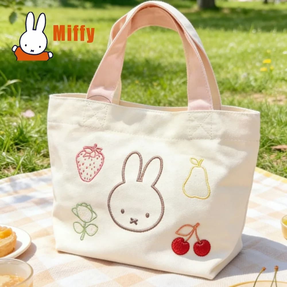 Borsa Tote Kawaii Miffy, Graziosa Borsa a Mano con Ricamo di Fragole e Pere, Borsa per Pranzo, Shopping, Picnic, Regalo