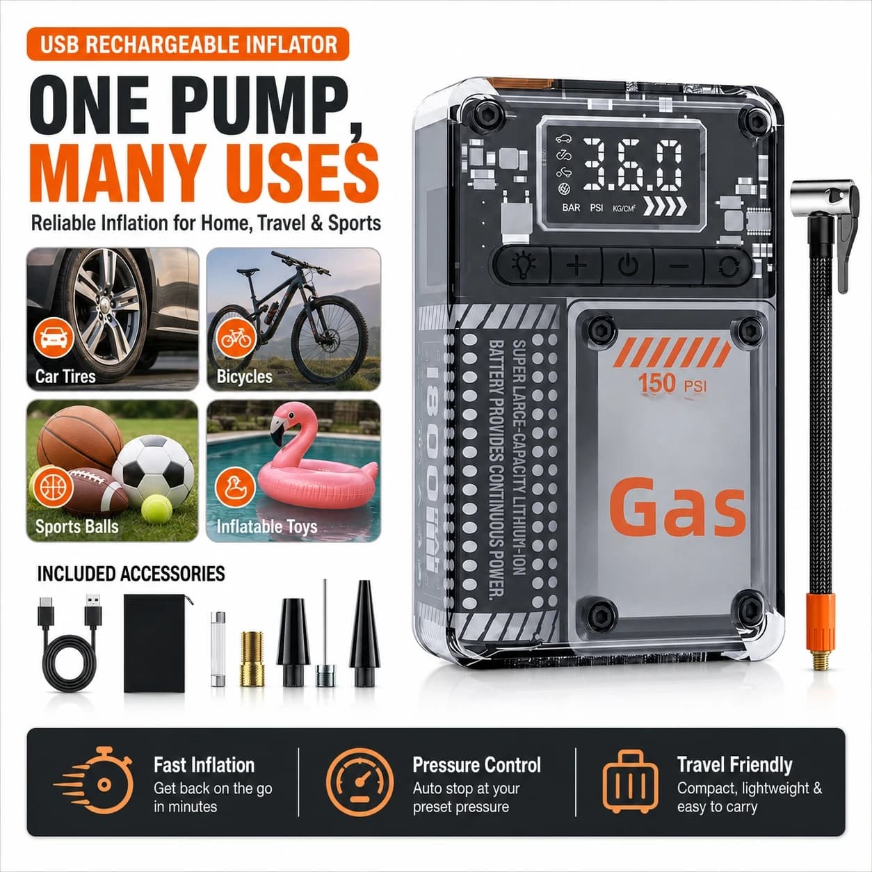 Compressore d'Aria Portatile 2-in-1 Senza Fili e con Cavo, Mini Compressore 150PSI con Batteria da 1800mAh per Auto, Bici e Uso Esterno