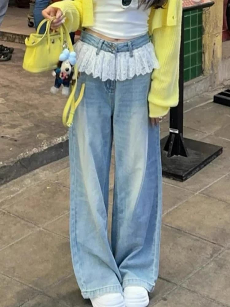 Jeans a Vita Alta da Donna Estate 2025, Gamba Dritta con Dettagli in Pizzo, Design Slim a Gamba Larga, Stile Casual Blu