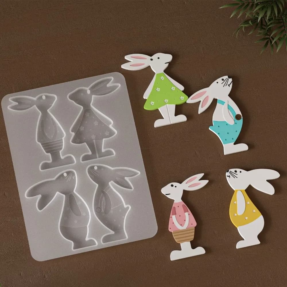 Stampi in Silicone a 4 Forme di Coniglio per Etichette Pasquali Fai da Te, Stampi in Gesso e Cemento, Portachiavi, Ornamenti, Stampi per Resina Epossidica