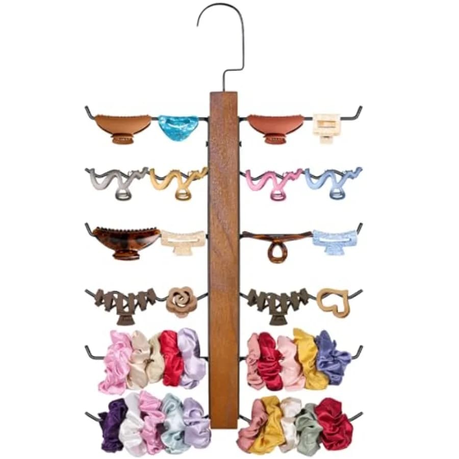 Claw Clip Organizer and Scrunchie Holder, 6-Tier Iron Rod Hair Clip Holder Hanger for Women Girls, MetalandWood Claw Clips Orga