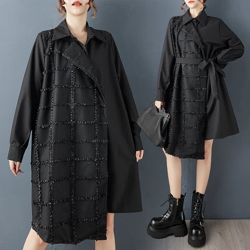 Fall New Loose Fashion Dark Design Craftwork Cloth Fake Two-Piece Splicing Midi Dress Elegant Atmosphere Women's plus Size Dress