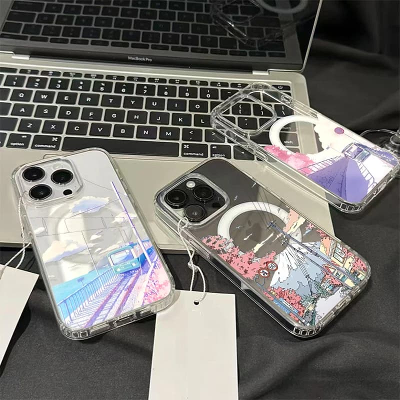 Custodia Magnetica Wireless con Scenari Paesaggistici per iPhone 11 12 Pro Max 17 Air 16 16E Mini 7 8 Plus, Cover Morbida Trasparente