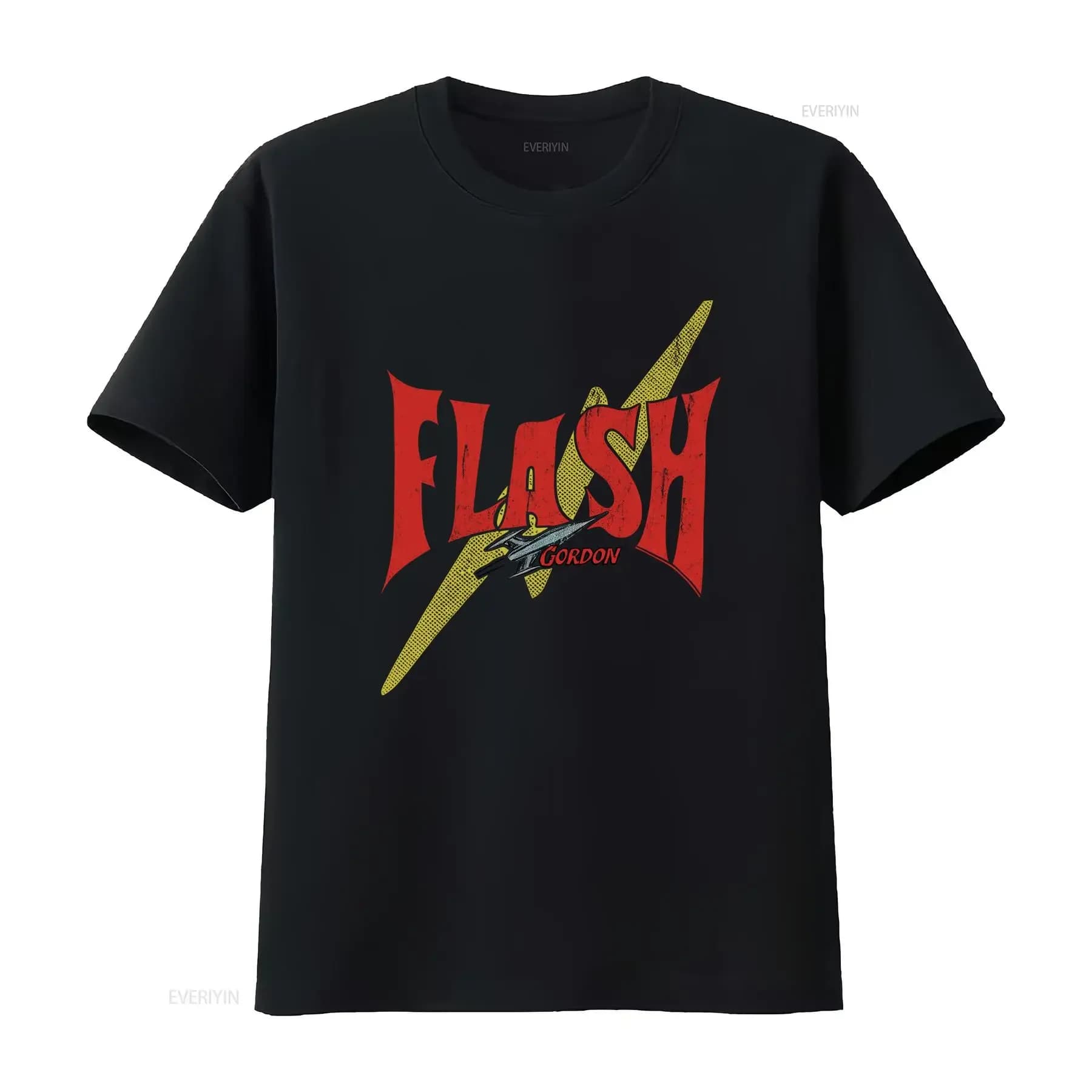 T-shirt Flash Gordon con design audace a fulmine, perfetta per i fan della scienza fantascientifica, stile vintage lavato, leggermente elegante.
