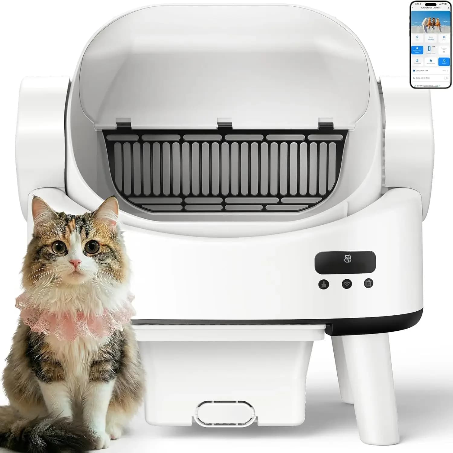 Ultra Quiet Self Cleaning Automatic Cat Litter Box Open Top for Multiple Cats App Control Safety Sensors Hands Free Large 10L Capacity Waste Bin Cat Cleaning