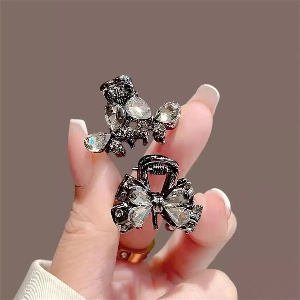Medium Bow Knot Hair Claw Clip for Women Decorative Accessory with Teardrop Crystals and Micro Rhinestones Gunmetal Tone