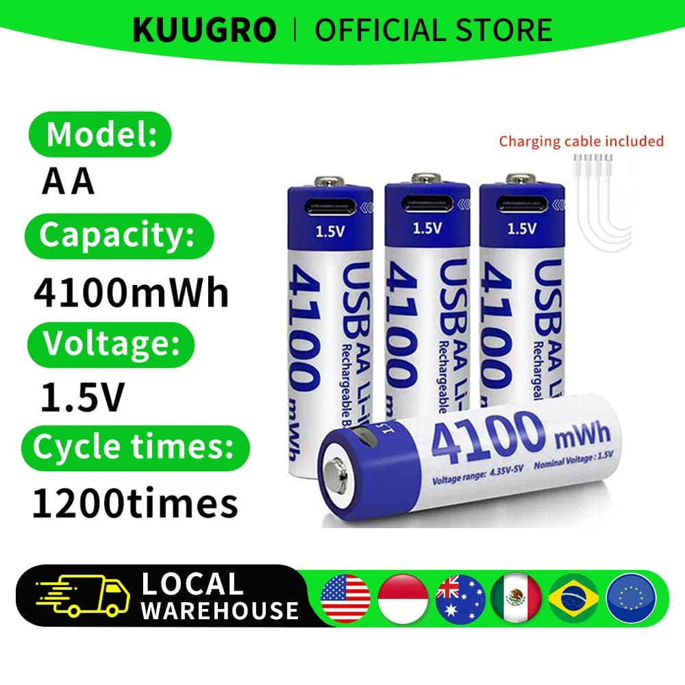 Kuugro AA 1.5V 4100mWh USB Rechargeable Battery Type-C Rechargeable AA Li-ion Battery for Remote Control Smart Door Lock Toys