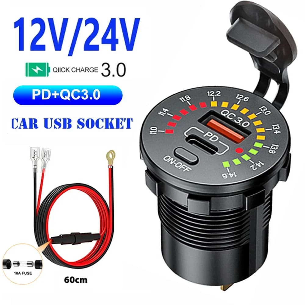 Caricabatteria da auto 36W PD QC 3.0 con voltmetro a LED interruttore ON OFF 12/24V presa USB PD impermeabile ricarica rapida per moto da auto