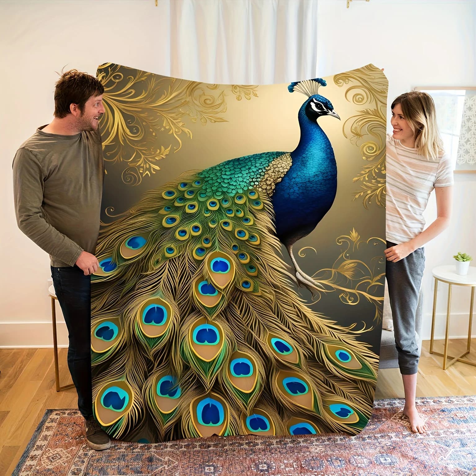Coperta da tiro in flanella con stampa pavone, morbida, calda, versatile per tutte le stagioni, divano letto, ufficio, campeggio, viaggio, regalo di lusso