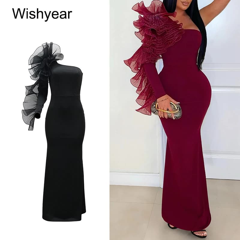 Nuovo Abito da Sposa Monospalla per Donna, Moda con Maniche a Volant, Colletto Diagonale, Vestito Lungo Aderente Femminile per Serate Eleganti