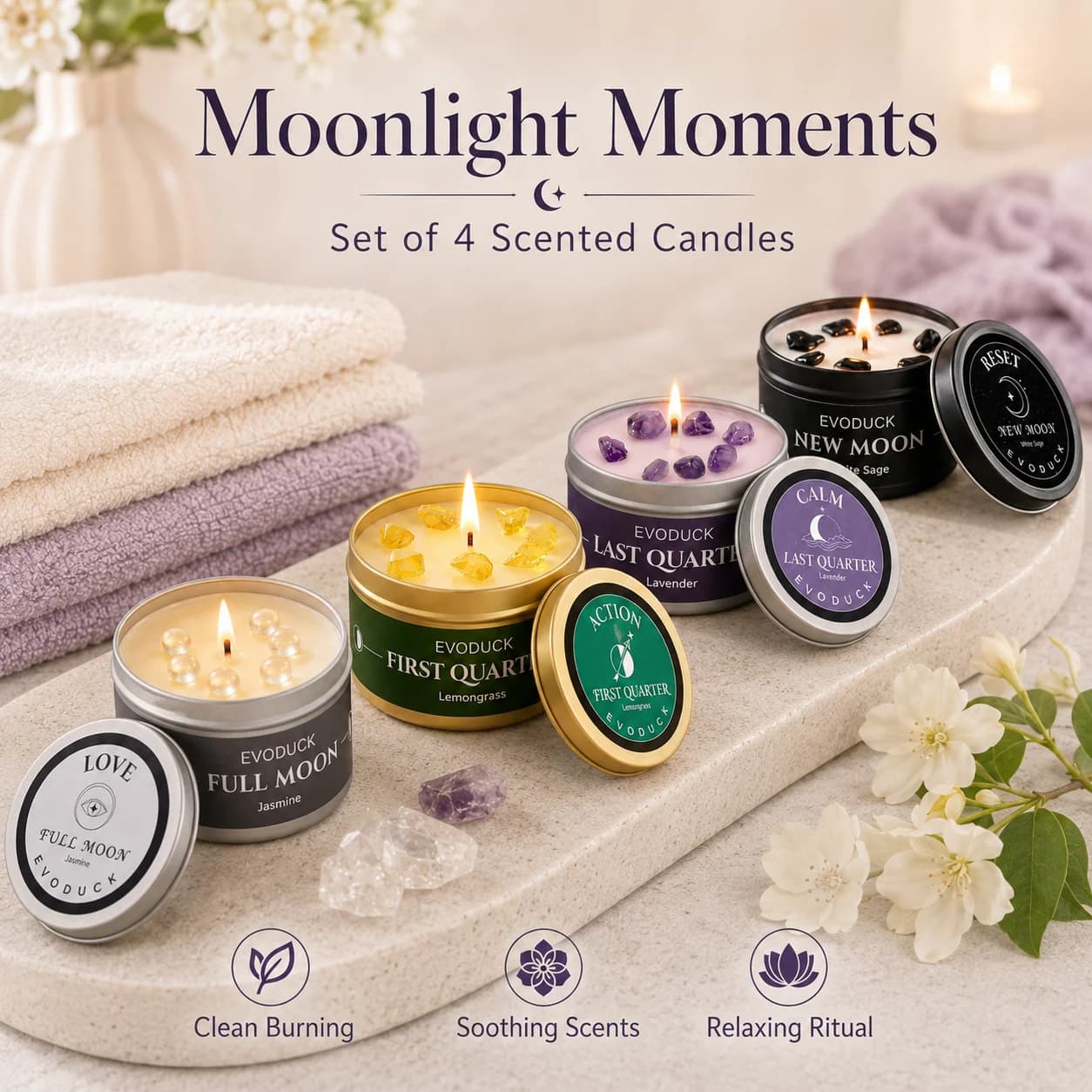 4PCS Moon Phase Crystal Scented Candle Set, 3oz Natural Soy Wax Tin Candles, White Sage, Lemongrass, Jasmine and Lavender Aromatherapy, New Moon Ritual Meditation Home Fragrance, Spiritual Birthday Christmas Gift for Women, Gift for Moon Rituals