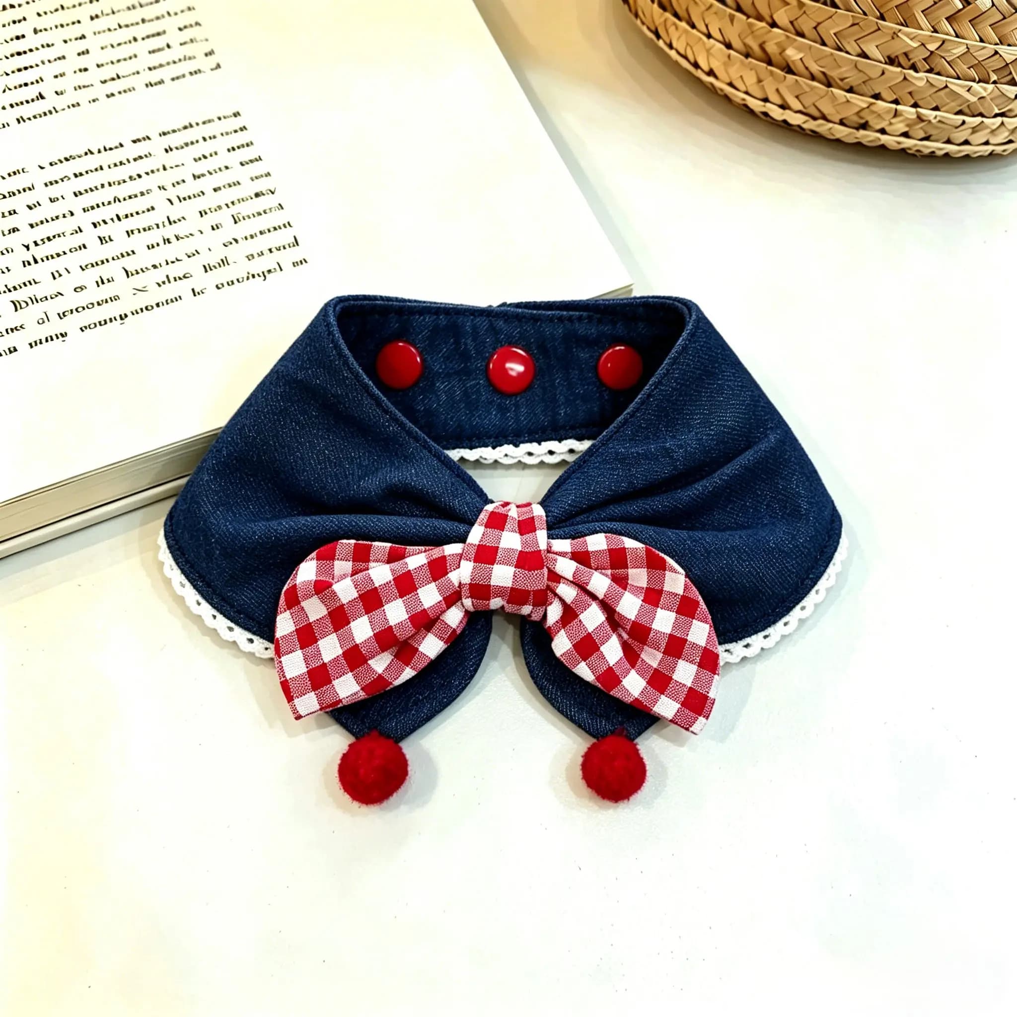 Navy Faux Denim Pet Collar Bib Red Gingham Bow Lace Trim Pom Pom Snap Buttons Daily Wear Outdoor Walk Birthday Pet Photo Gift