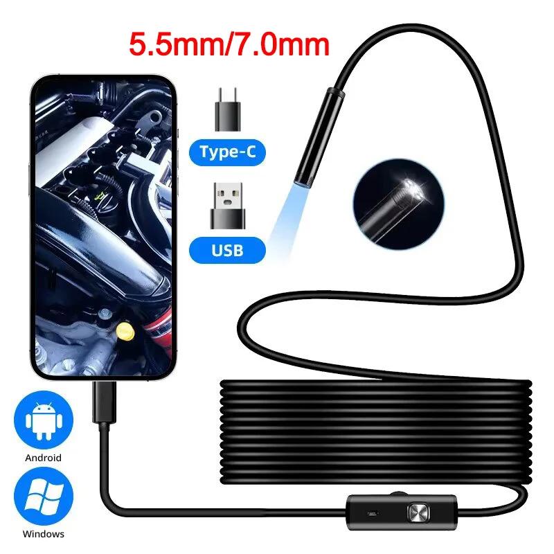 Sewer Industrial Endoscope Flexible Snake Mini Camera Automotive Borescope Piping Endoscopy Type C for Android 7mm Waterproof