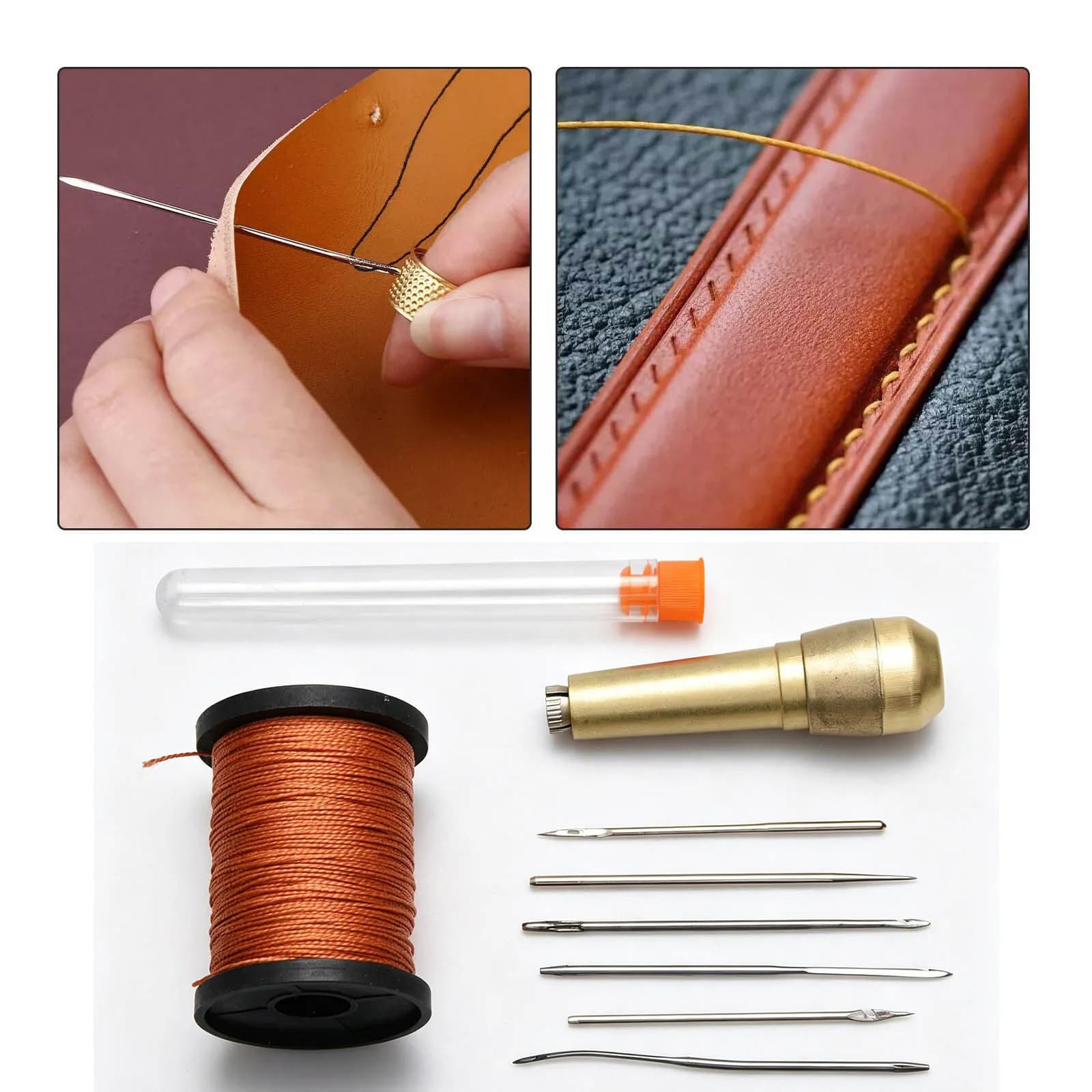 Kit da cucito in pelle Ago per punteruolo da cucito in pelle fai-da-te con manico in rame Set Strumenti di riparazione per scarpe da tenda in tela di pelle con filo di nylon