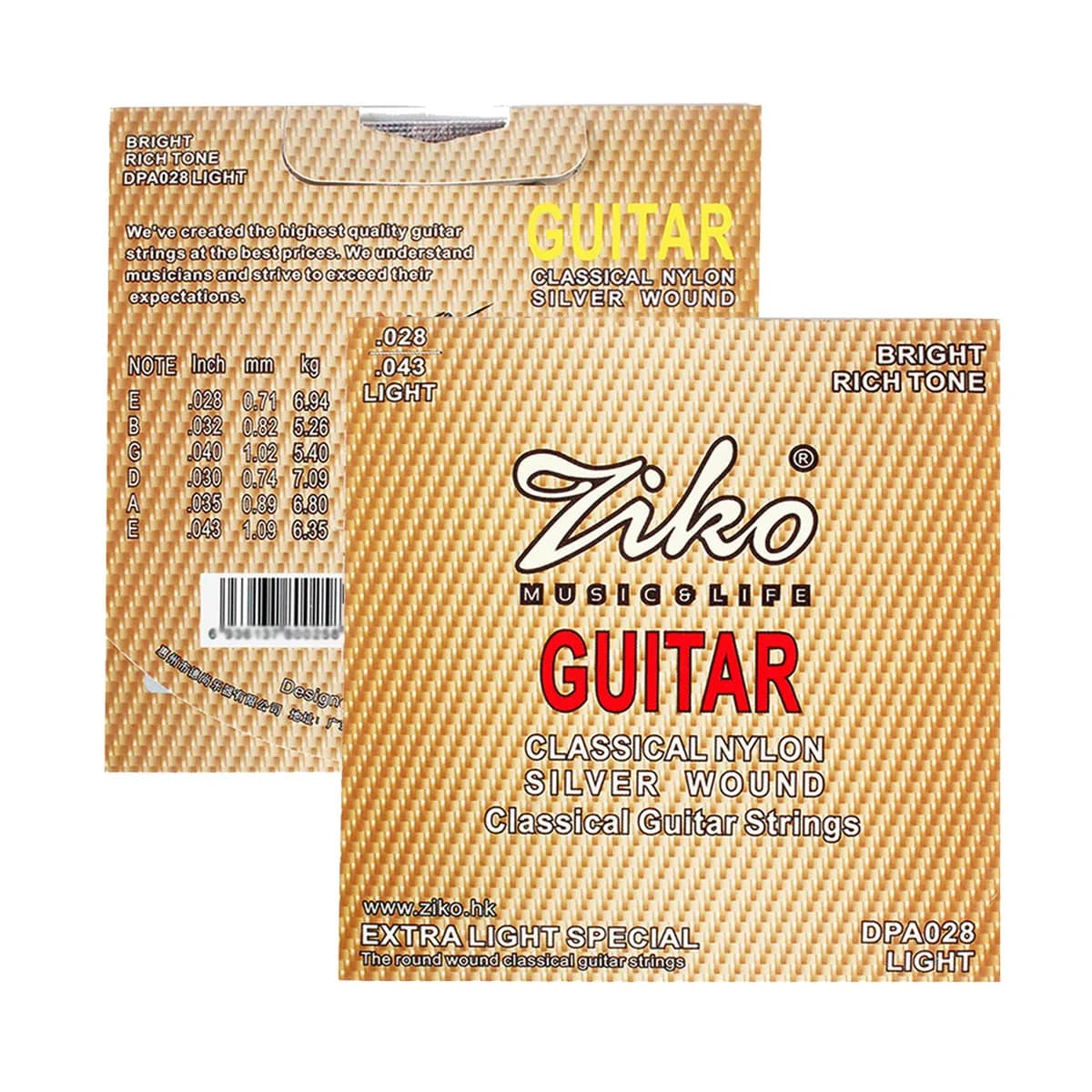 Corde per chitarra classica in nylon ZIKO DPA-028 – Calibro leggero, corde per basso avvolte in argento, corde per alti trasparenti, articolazione brillante