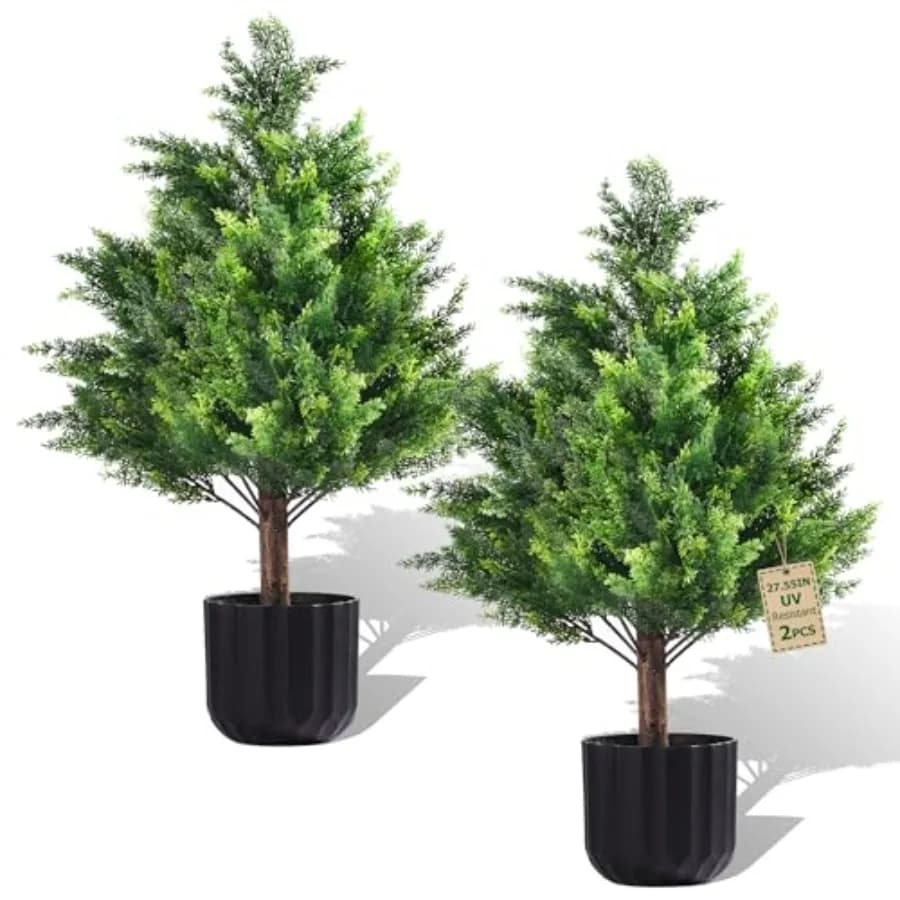 2 Pezzi Albero di Cipresso Artificiale per Natale, 60cm/60cm Alberi di Cipresso Finti con Vaso Resistenti alle Intemperie e ai Raggi UV