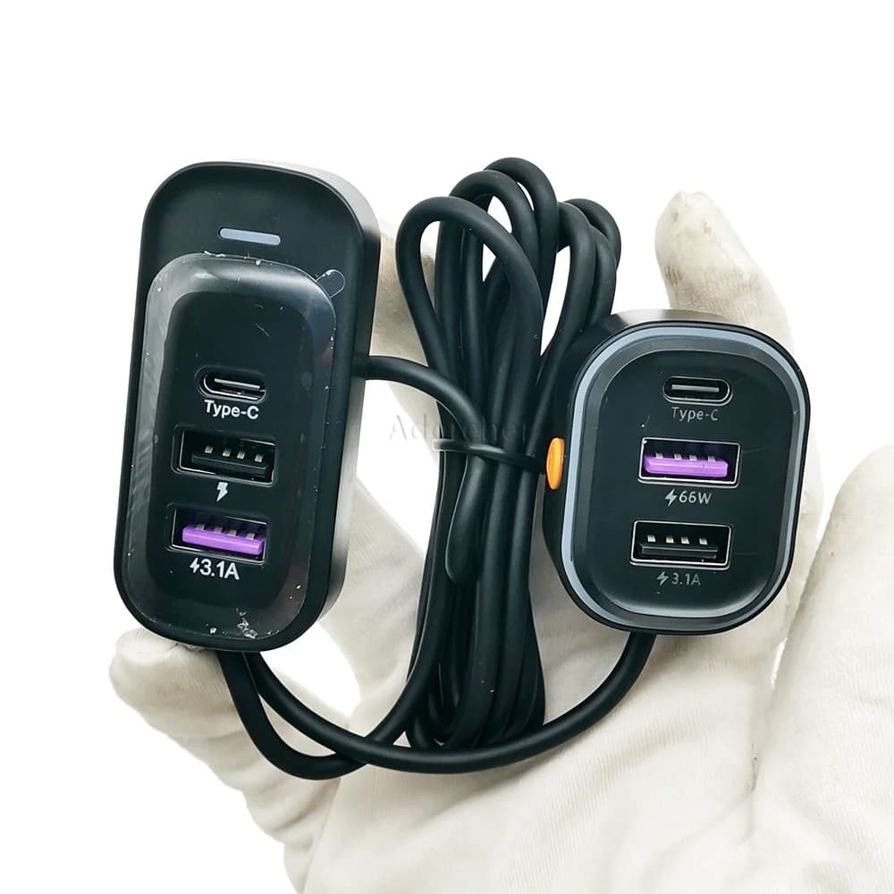66W Rear Seat Car Fast Charger Adapter with Extension Cable Dual USB Type-C Ports Universal 12V-24V Vehicle Super Quick Charging
