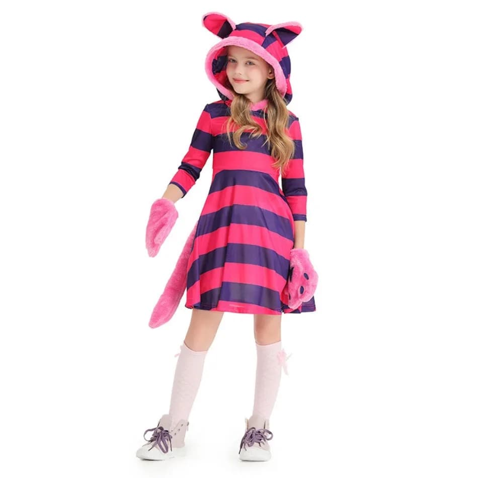 Abito da ragazza con gatto sorridente stampato a righe, grazioso costume da gatto con zampa, per spettacoli per bambini, festa di Halloween, costume da personaggio anime PS66