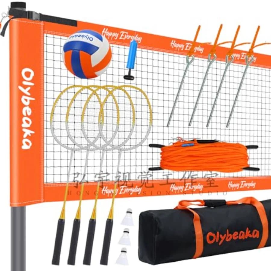 Set combinato da giardino per badminton e pallavolo: rete anti-cedimento da 32 piedi, 4 racchette in PU, 3 volani, 1 pallone da pallavolo in PU, nero-grigio
