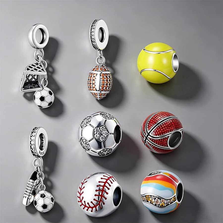 Ciondoli a Forma di Pallone Sportivo Placcati Argento per Braccialetti Fai-da-Te, Perline con Pendenti CZ a Tema Calcio, Basket, Tennis, Baseball, Regalo per Donne
