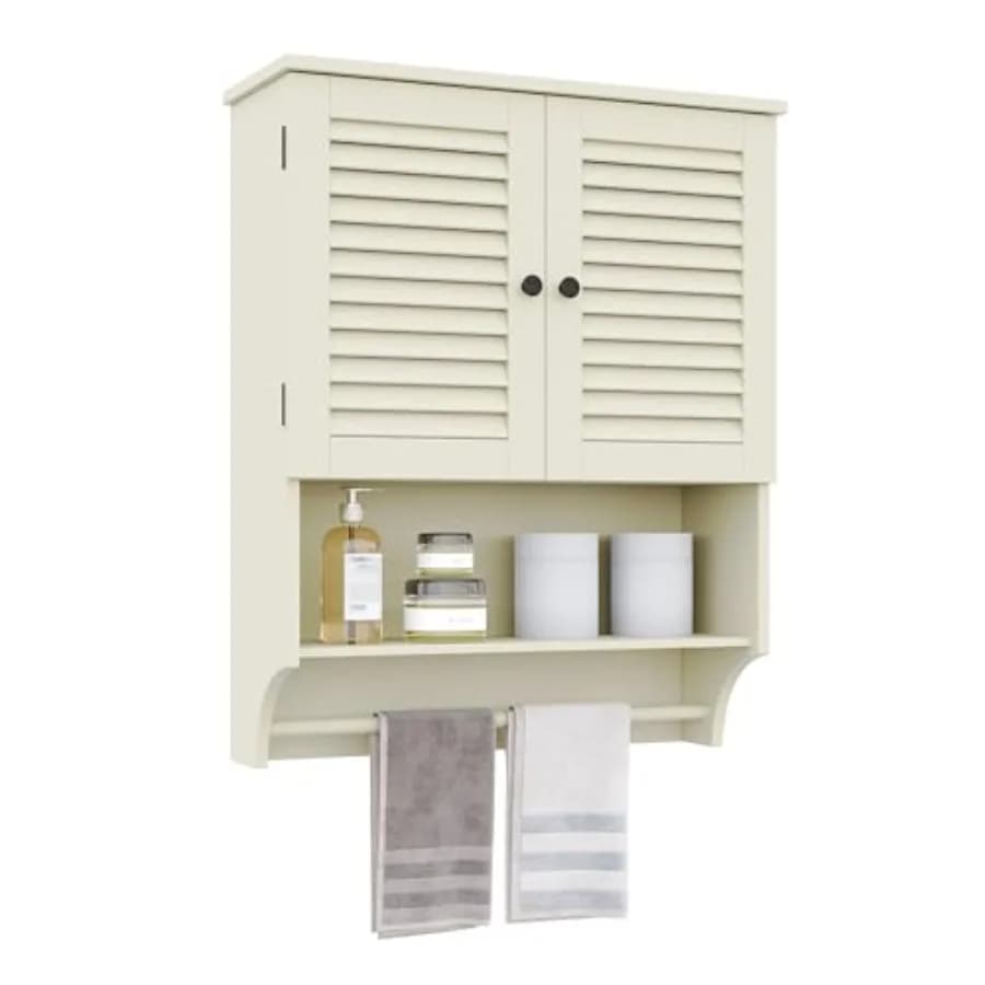Armadietto da Bagno a Parete con Porta Asciugamani, 60 cm L x 22,5 cm P x 75 cm H, in MDF, Armadietto Medicinali a 2 Ante, Salvaspazio Sopra il WC