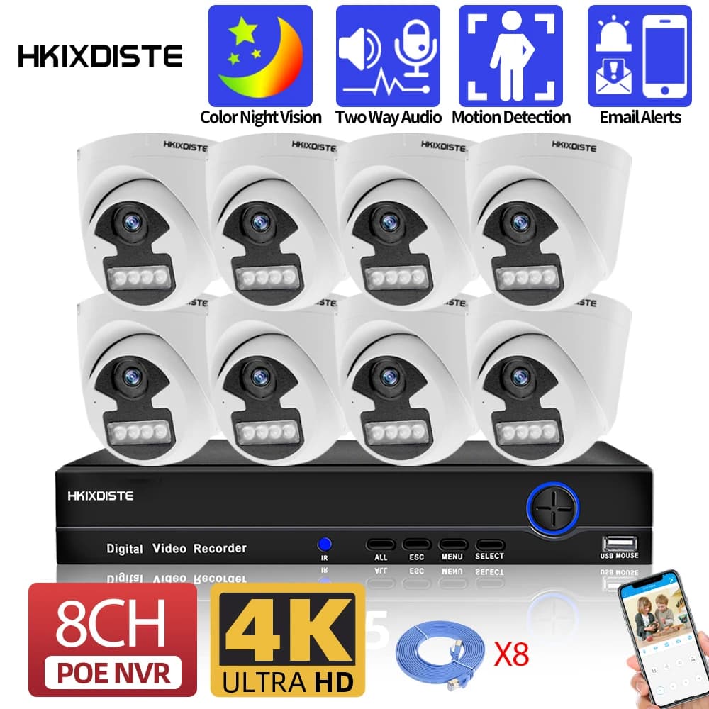 Kit NVR 4K a 8 Canali con Telecamere Dome POE per Interni, Sistema di Videosorveglianza 8MP con Audio Bidirezionale, Set di Sicurezza CCTV 8CH 8MP
