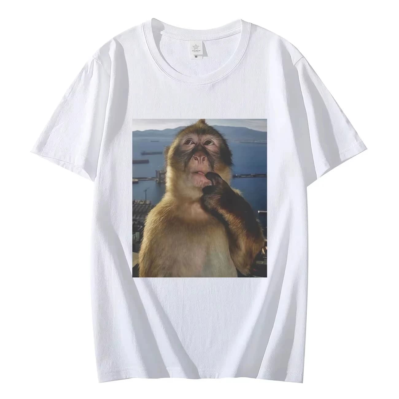 Men's Funny Thinking Monkey Meme T-shirt Casual Graphics Women Cotton Tee Loose Short Sleeve Tops Streetwear Unisex All-season