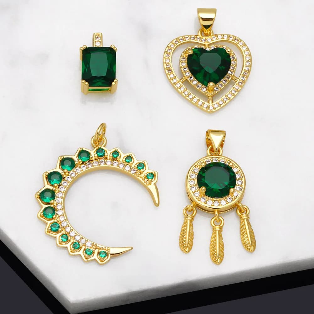 OCESRIO Green CZ Heart Pendant Copper Gold Plated Moon Dream Catcher Necklace Pendant for Jewelry Making Wholesale Bulk pdta822