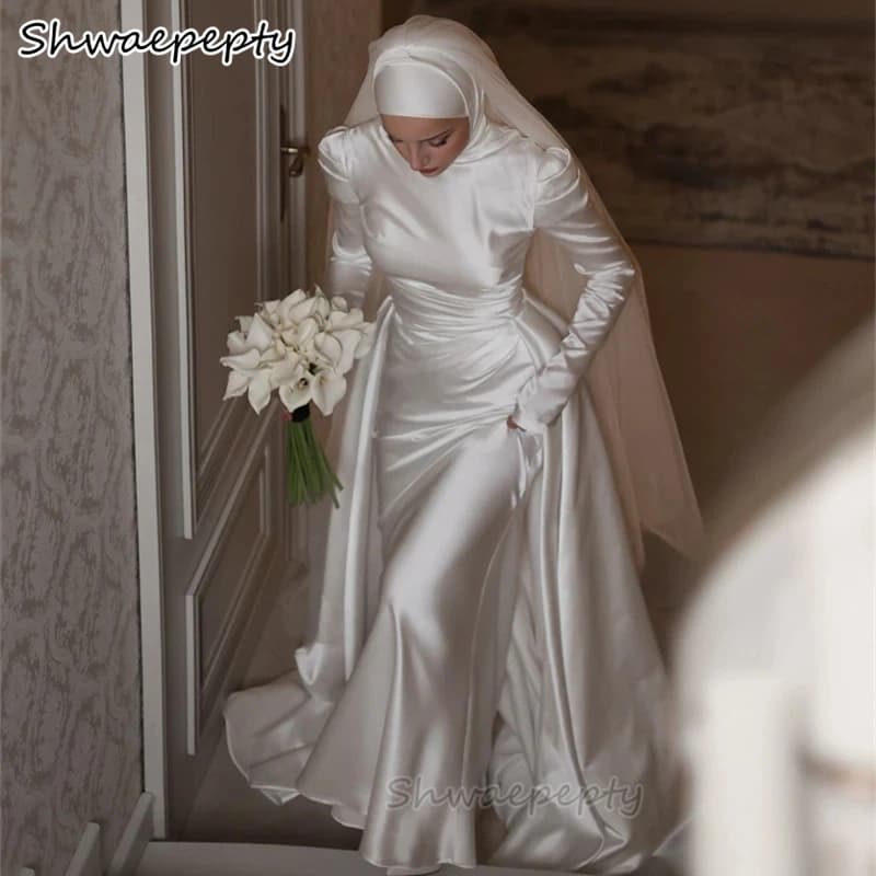 Abito da sposa musulmano modesto collo alto maniche lunghe abito da sposa in raso bianco personalizzato elegante abito formale da sposa islamico