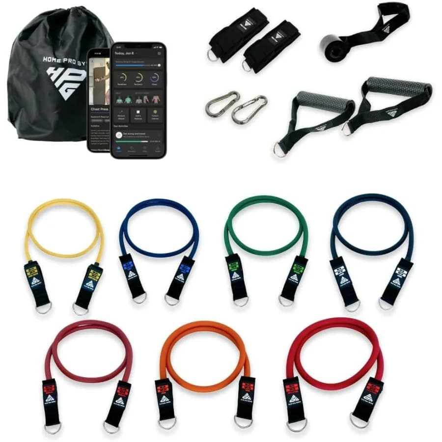 Set of stackable resistance bands: up to 280 pounds of resistance, band bar, premium handles, anchor for durable door, padded ankle