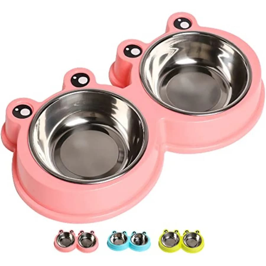 Ciotole Doppie in Acciaio Inox per Cani, Gatti e Conigli, Antiscivolo, con Design Carino, Senza BPA