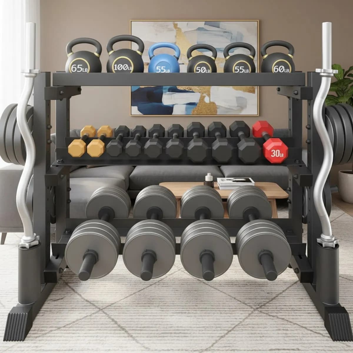 3 Tier Dumbbell Rack Heavy Duty Adjustable Home Gym Weight Storage Fits Kettlebells Plates