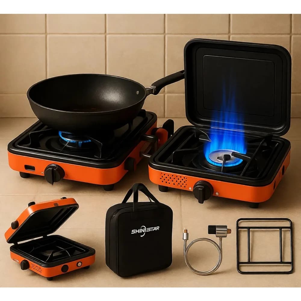 Fornello da Campeggio Portatile a Doppio Bruciatore a Propano 17000 BTU Pieghevole con Borsa per il Trasporto per Cucina Esterna, Camper ed Emergenze