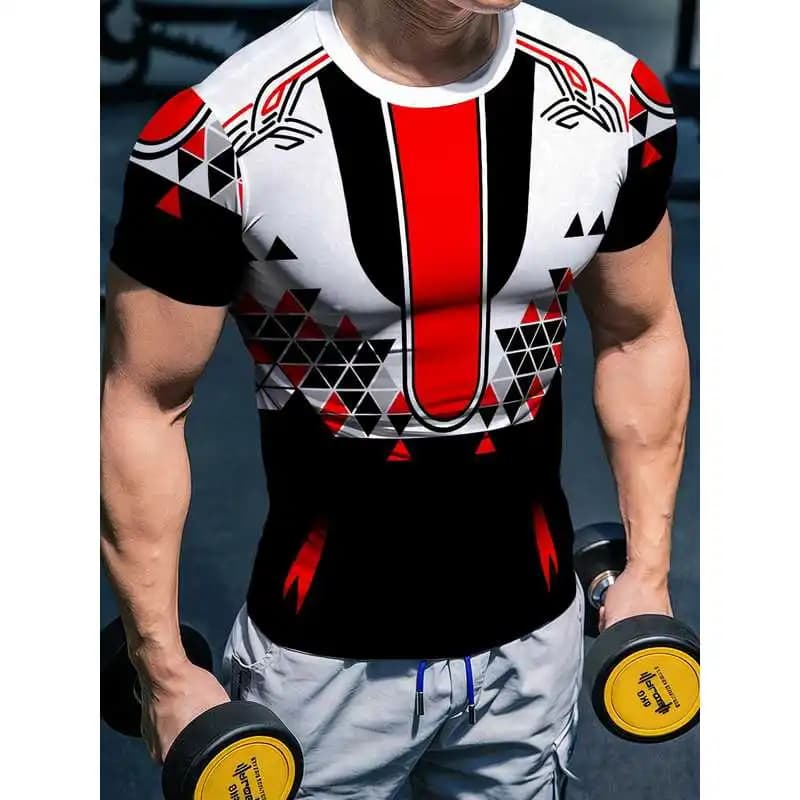 Men's High-Elasticity Quick-Dry Fitness ApparelTShirt Geometric ethnic style sports short sleeve shirt Moisture-wicking