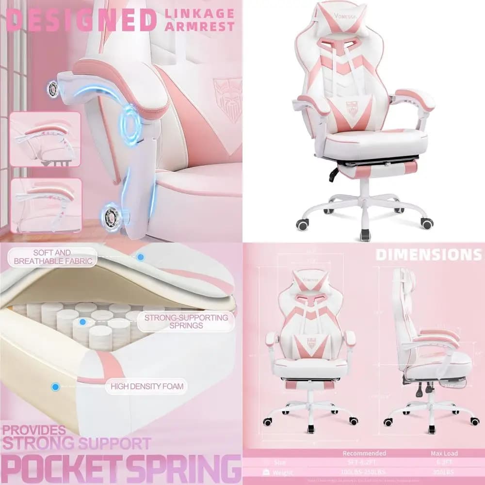 Pink Gaming Chair with High Back, Poggiapiedi, Massage, Packed Spring Bearing and Adult Lumbar Support (Bianco/Rosa)